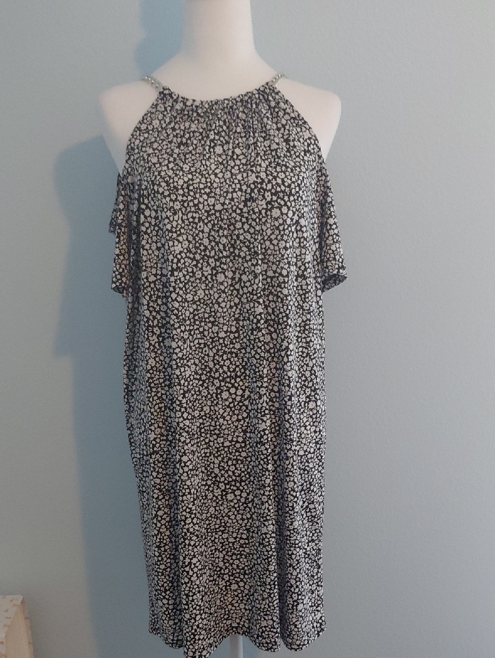 Michael Kors Black and White Floral Halter Midi Dress with Cold-Shoulder Detail